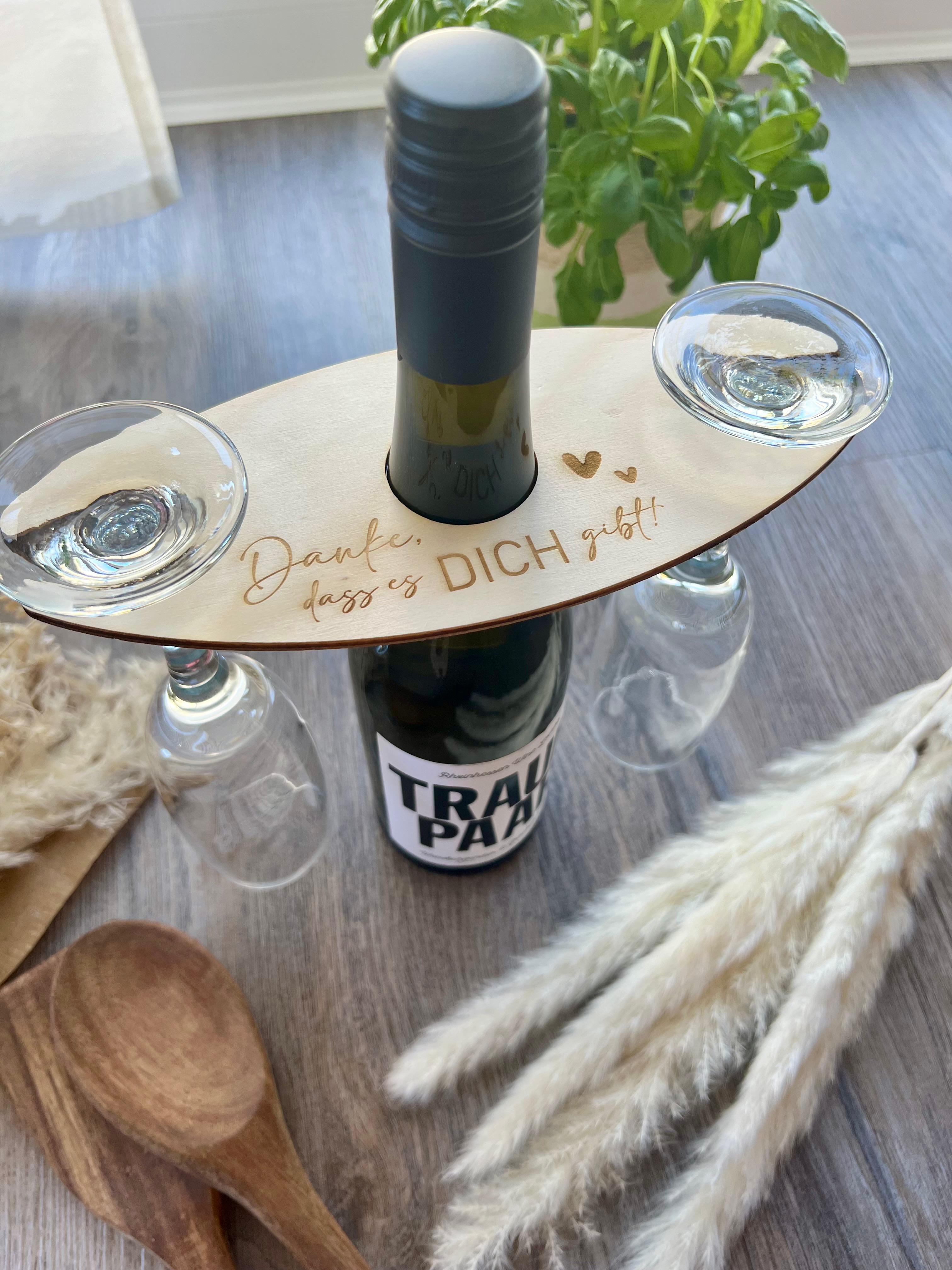 Weinflasche & Glashalter "Danke, dass es dich gibt" aus Holz