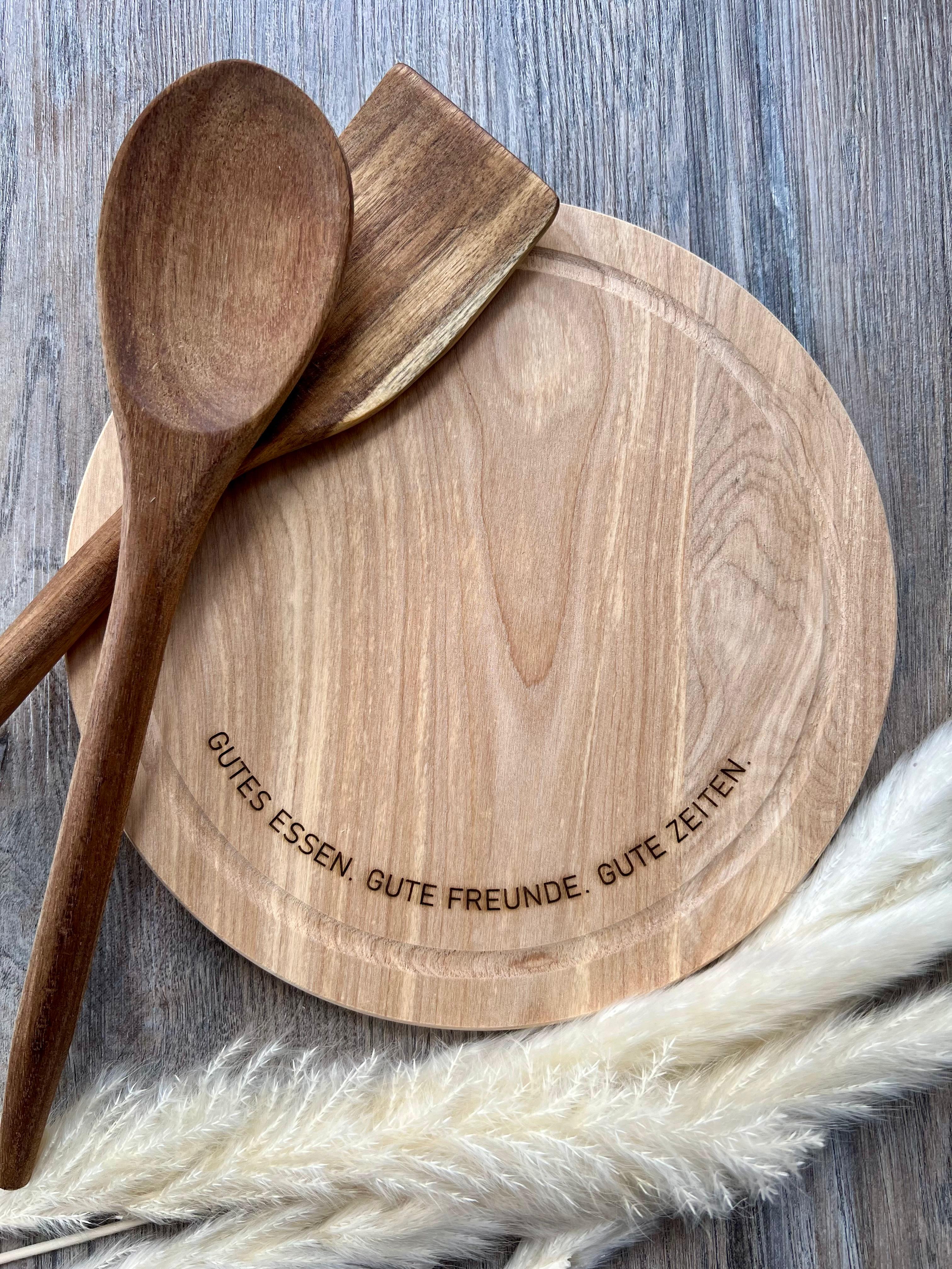 Rundes Schneidebrett "Gutes Essen. Gute Freunde. Gute Zeiten."