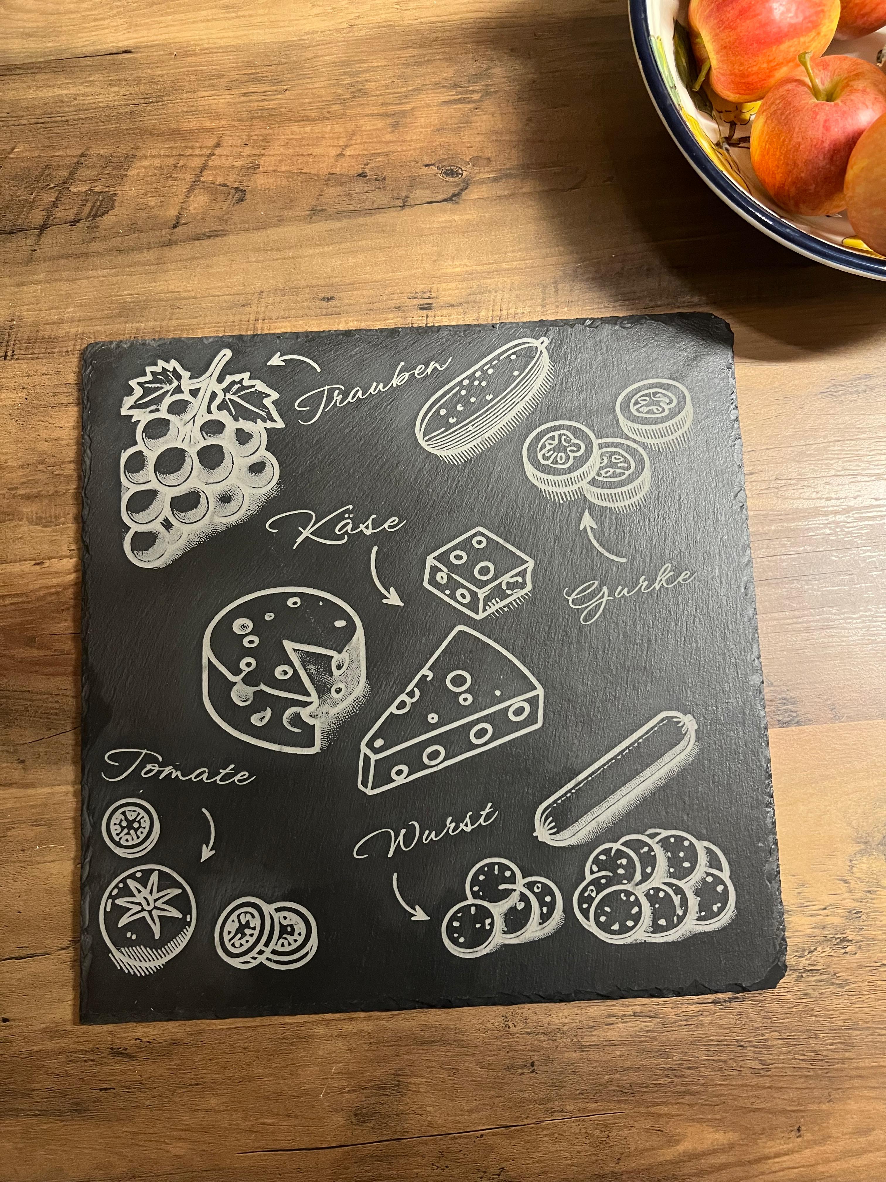 XL Servierplatte mit Beschriftung "Wein, Käse & Trauben"