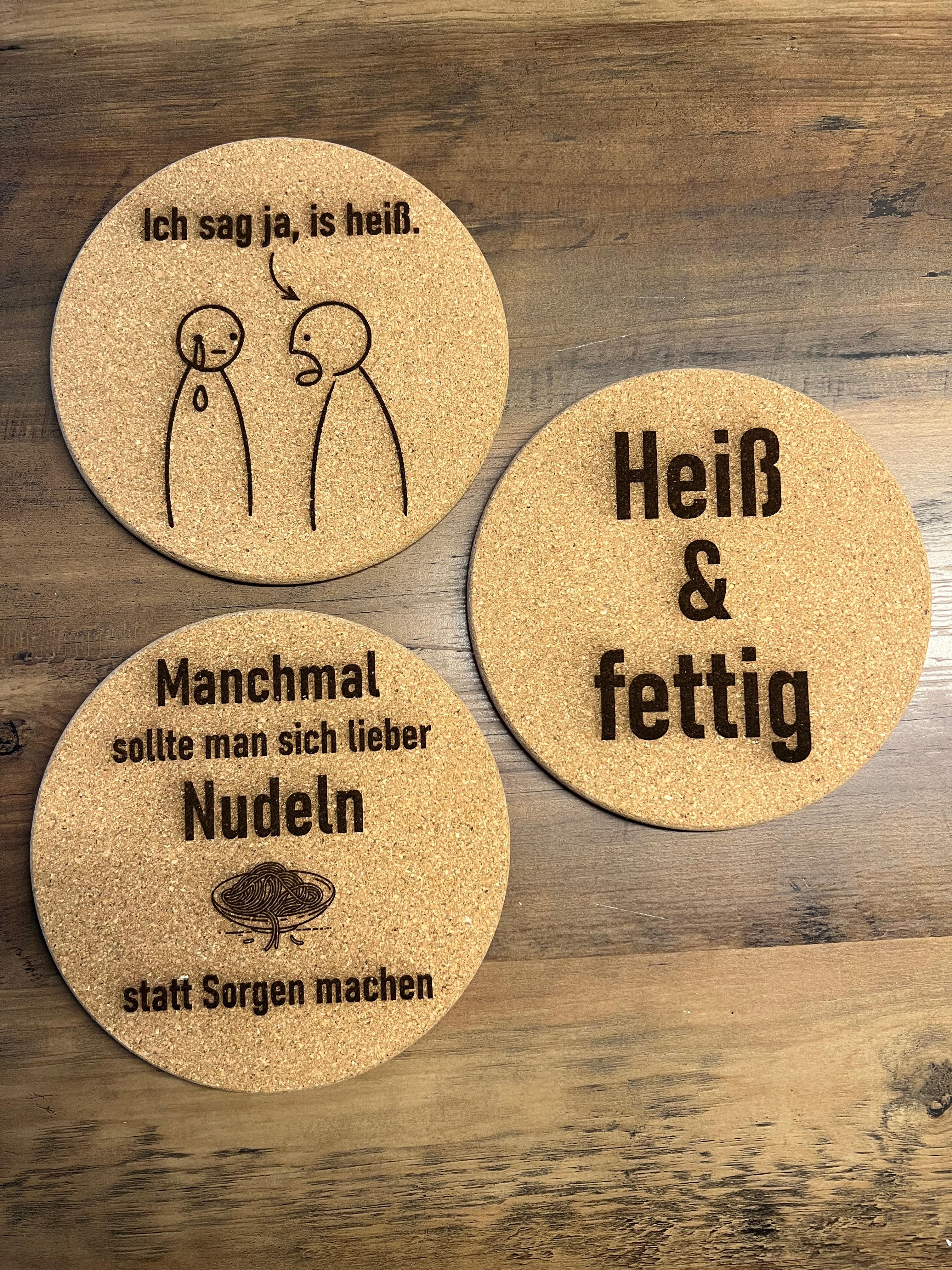 3-Set Topfuntersetzer "Heiß & fettig" lustige Sprüche