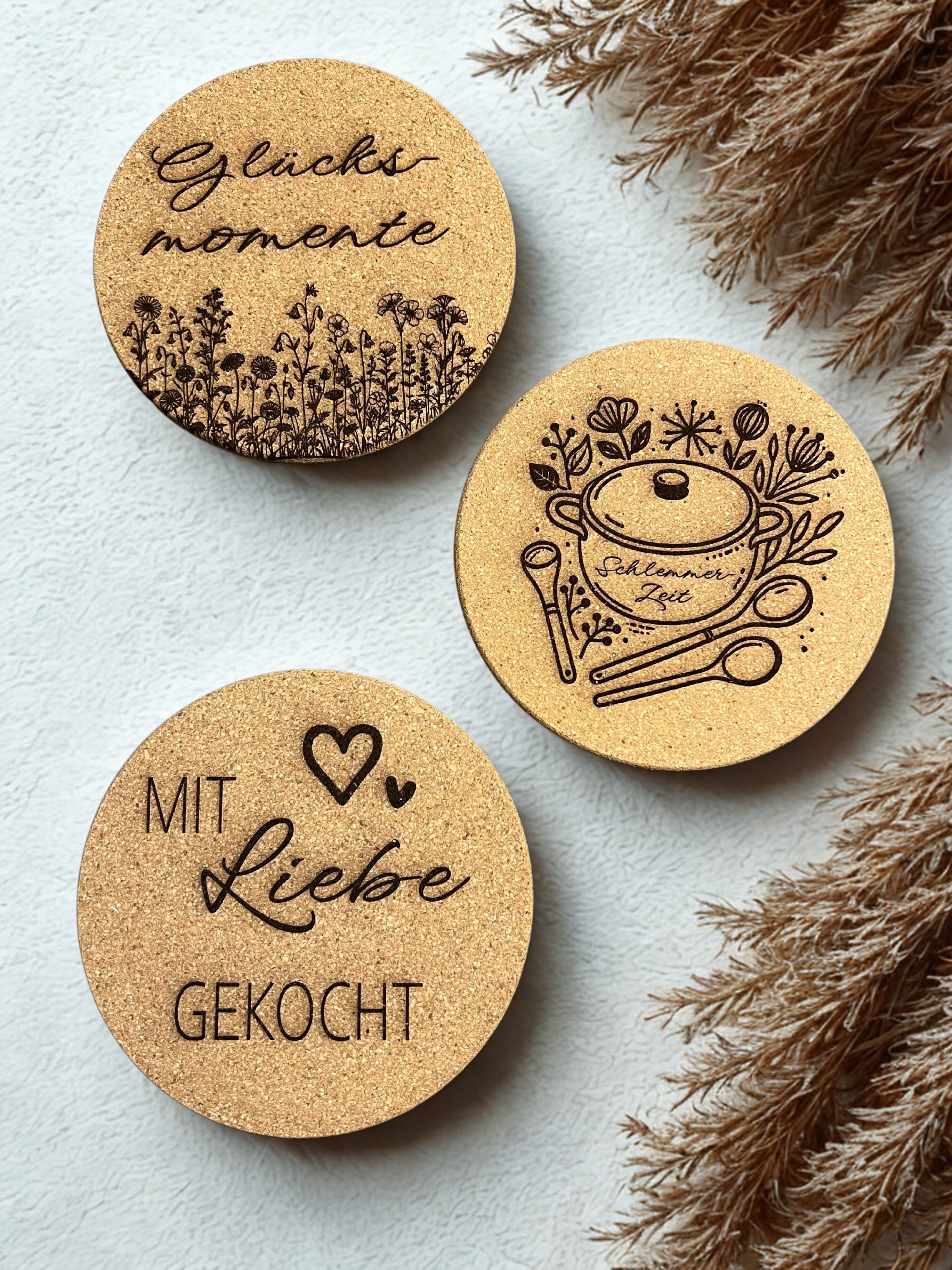 3-Set Topfuntersetzer "Mit Liebe gekocht", aus Kork
