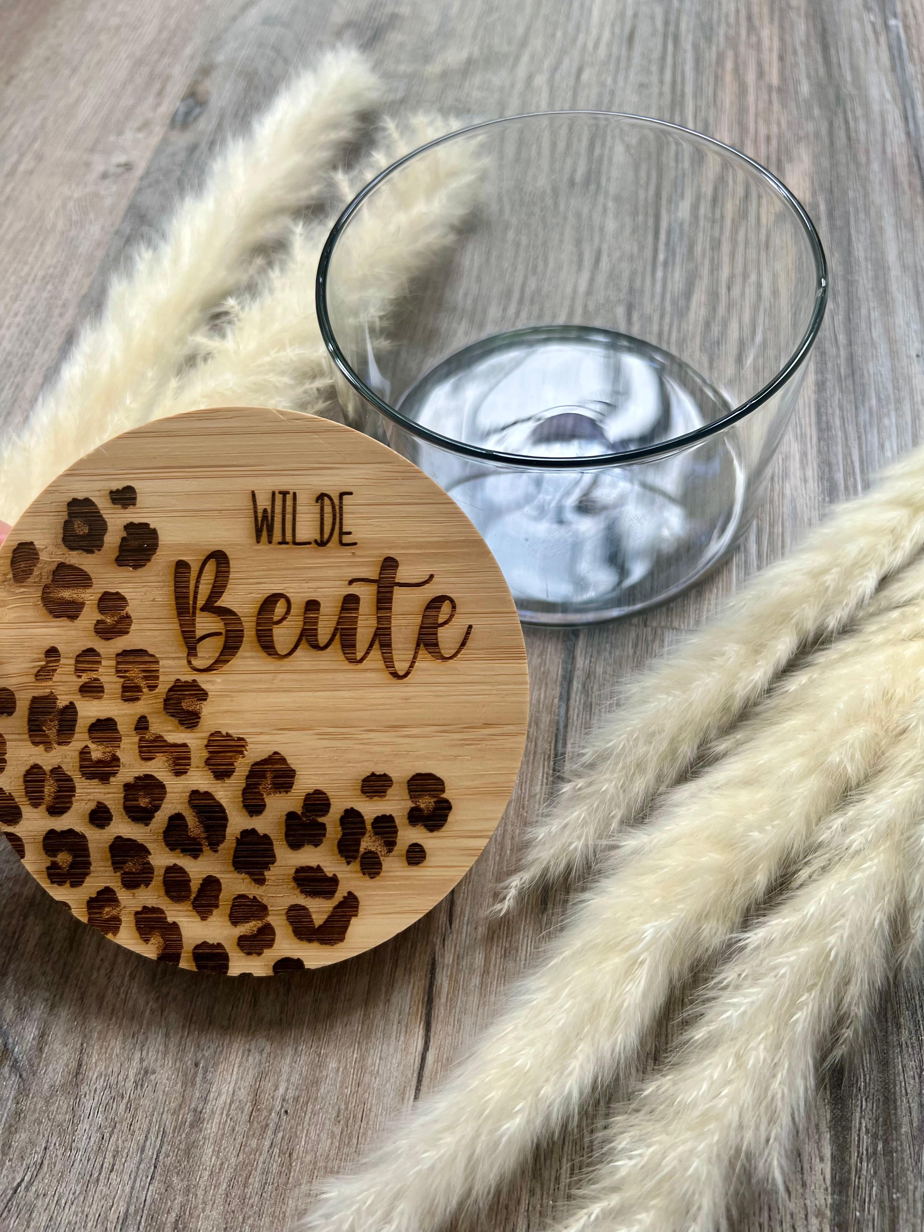 Glas mit Holzdeckel "wilde Beute", Leopardenmuster