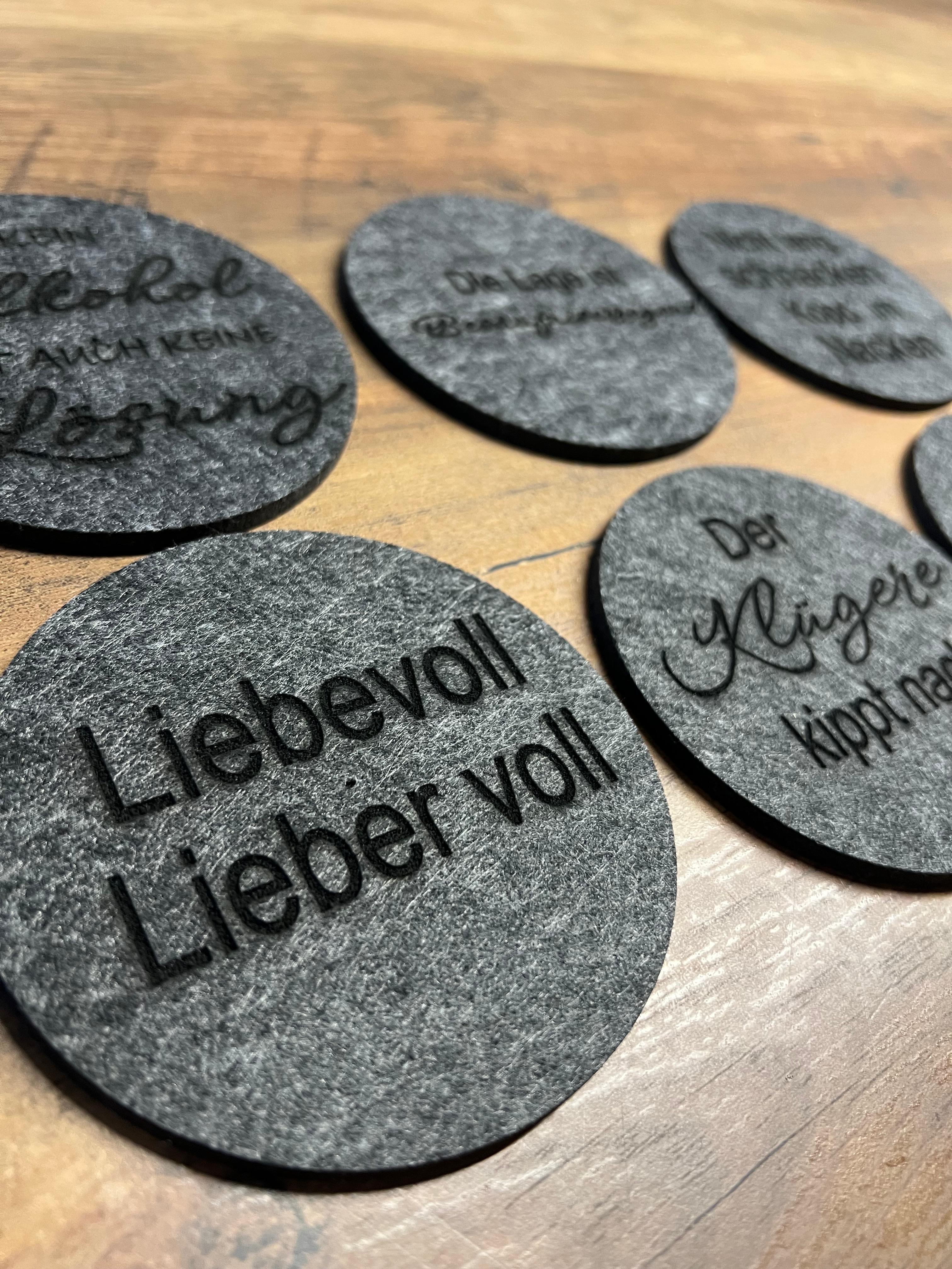 6-Set Untersetzer "Liebevoll - Lieber voll" verschiedenen Sprüche